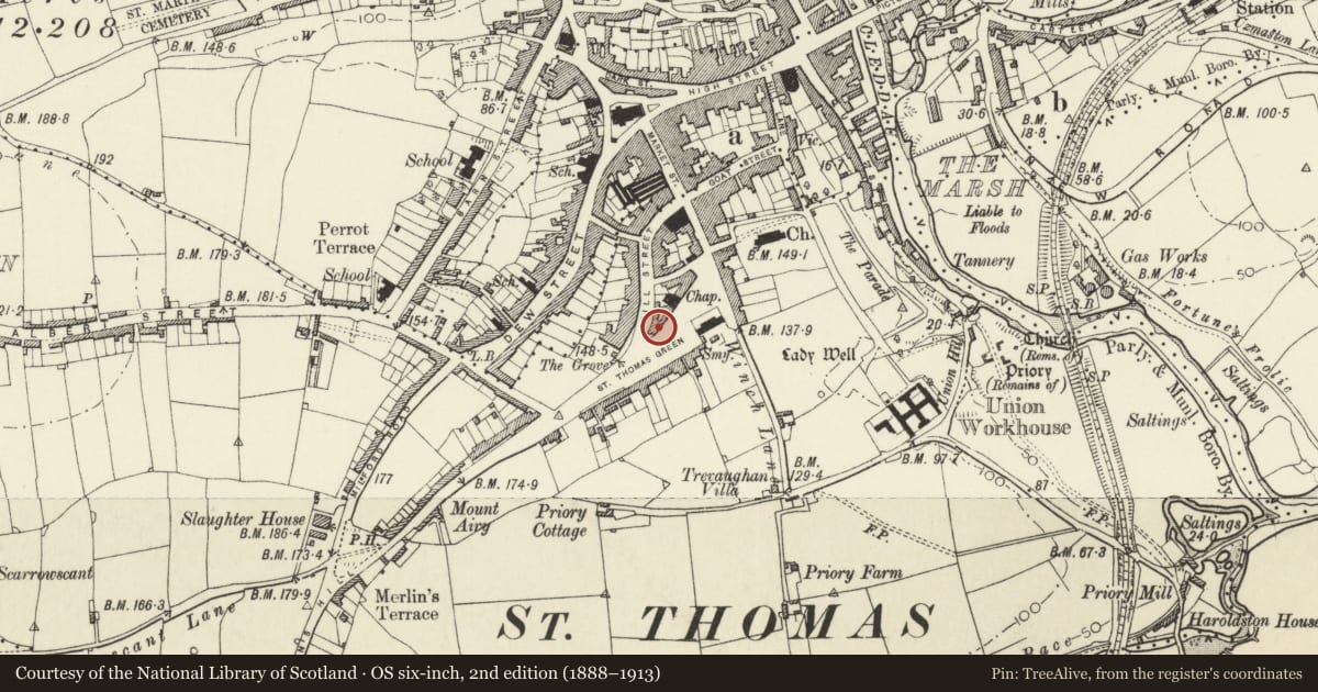 Ordnance Survey six-inch map, 2nd edition (1888–1913) covering the location of No 14 Albany Terrace and outbuilding to rear, Haverfordwest, Pembrokeshire, with a pin at the register's coordinates
