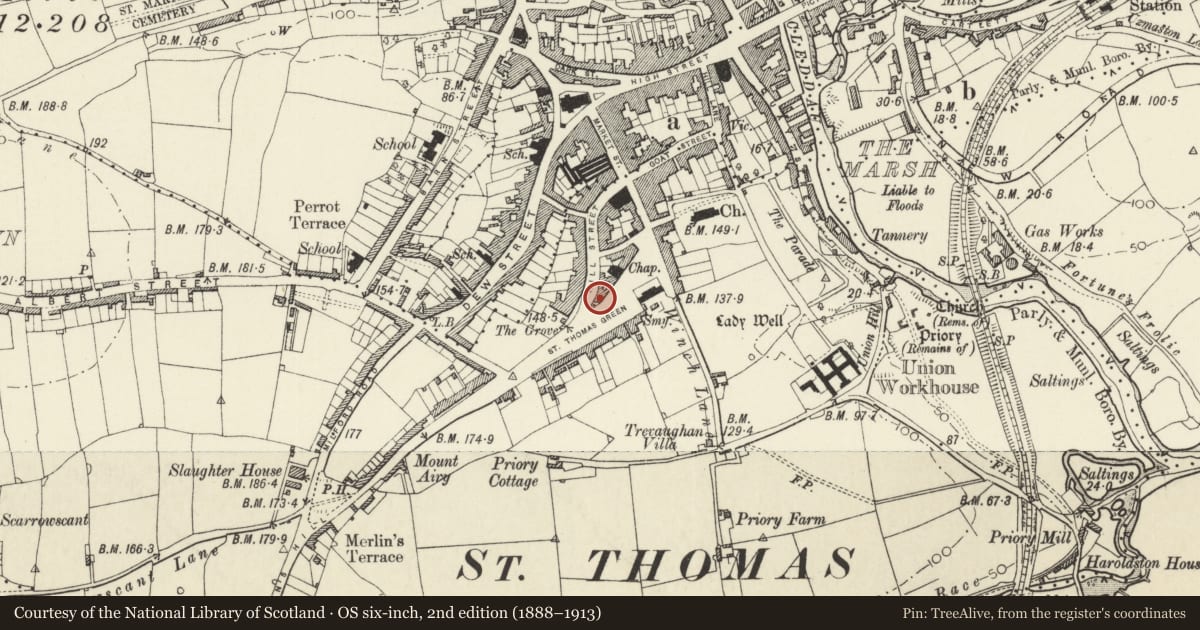 Ordnance Survey six-inch map, 2nd edition (1888–1913) covering the location of 15 Albany Terrace, Haverfordwest, Pembrokeshire, with a pin at the register's coordinates