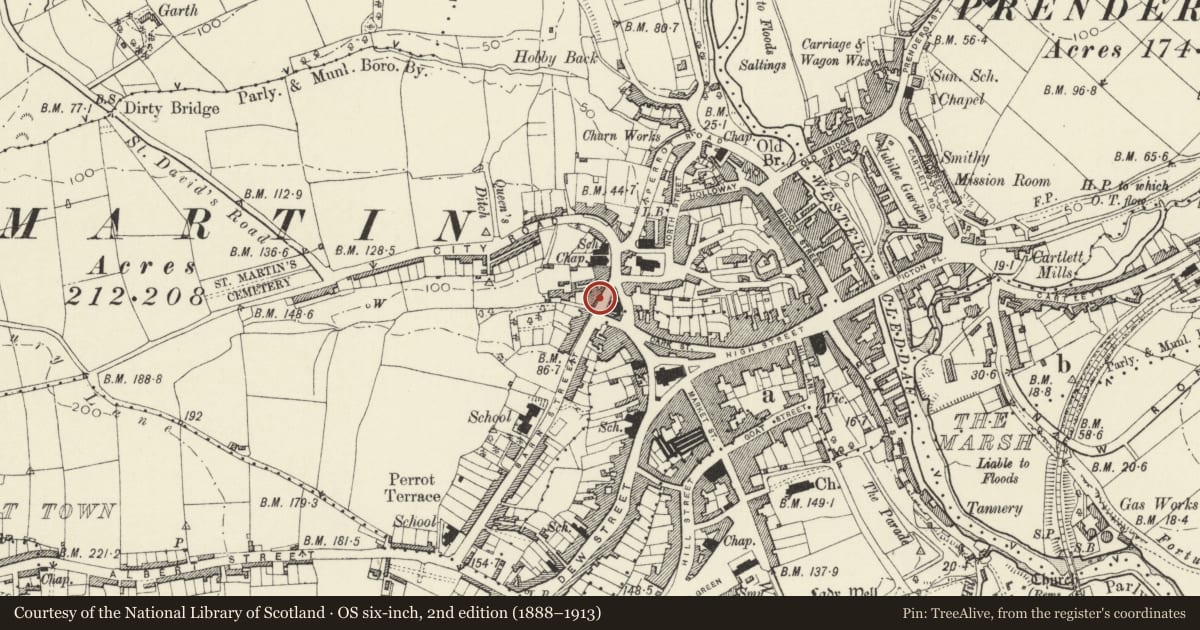 Ordnance Survey six-inch map, 2nd edition (1888–1913) covering the location of No 2 Spring Gardens, Haverfordwest, Pembrokeshire, with a pin at the register's coordinates