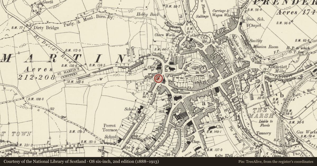 Ordnance Survey six-inch map, 2nd edition (1888–1913) covering the location of No 3 Spring Gardens, Haverfordwest, Pembrokeshire, with a pin at the register's coordinates