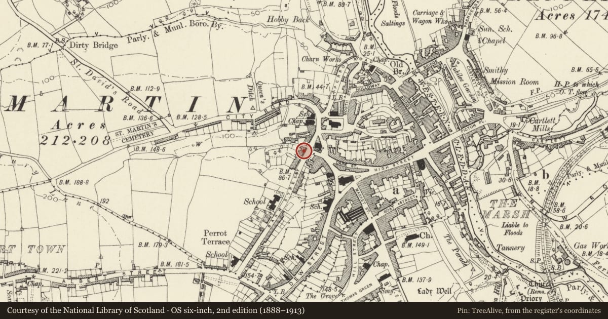 Ordnance Survey six-inch map, 2nd edition (1888–1913) covering the location of Pembroke House Hotel including area railings, Haverfordwest, Pembrokeshire, with a pin at the register's coordinates