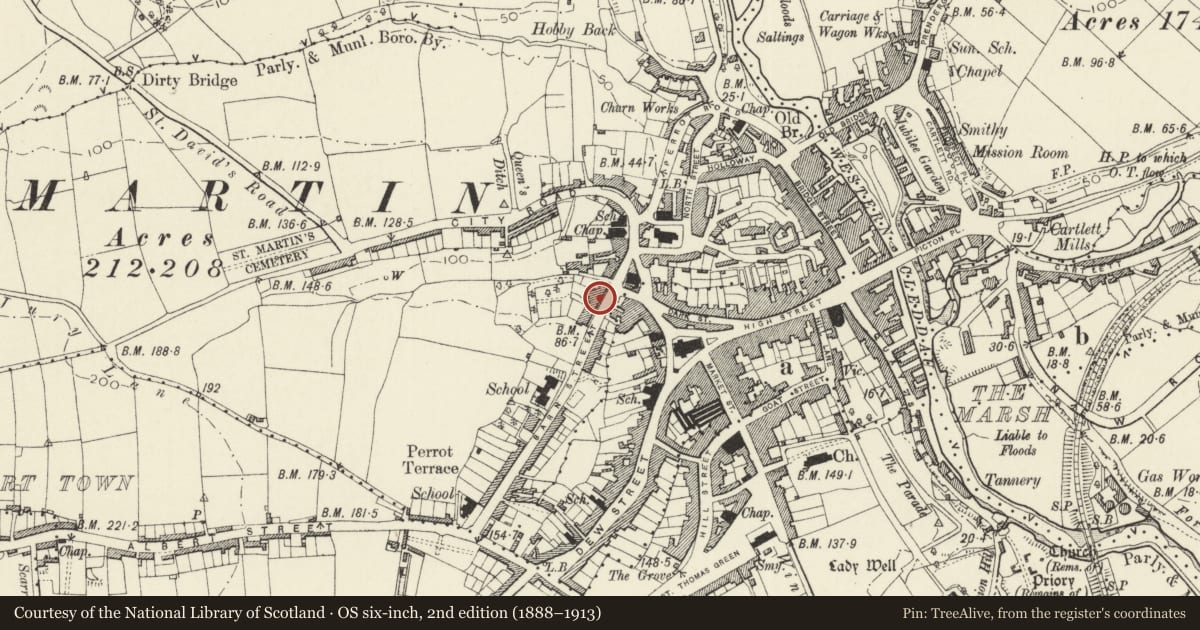 Ordnance Survey six-inch map, 2nd edition (1888–1913) covering the location of Nos 8 and 8A Spring Gardens, including area railings, Haverfordwest, Pembrokeshire, with a pin at the register's coordinates