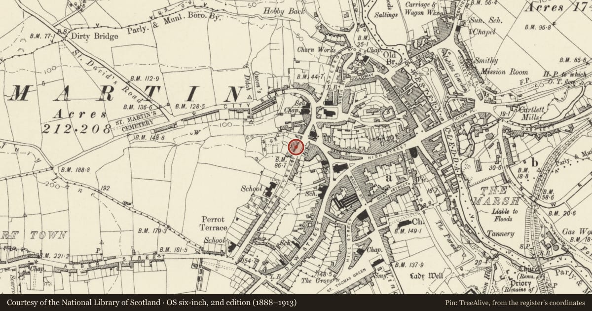 Ordnance Survey six-inch map, 2nd edition (1888–1913) covering the location of No 9 Spring Gardens, including area railings, Haverfordwest, Pembrokeshire, with a pin at the register's coordinates