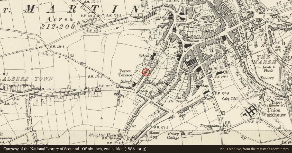 Ordnance Survey six-inch map, 2nd edition (1888–1913) covering the location of No 19 Perrot's Terrace, Haverfordwest, Pembrokeshire, with a pin at the register's coordinates