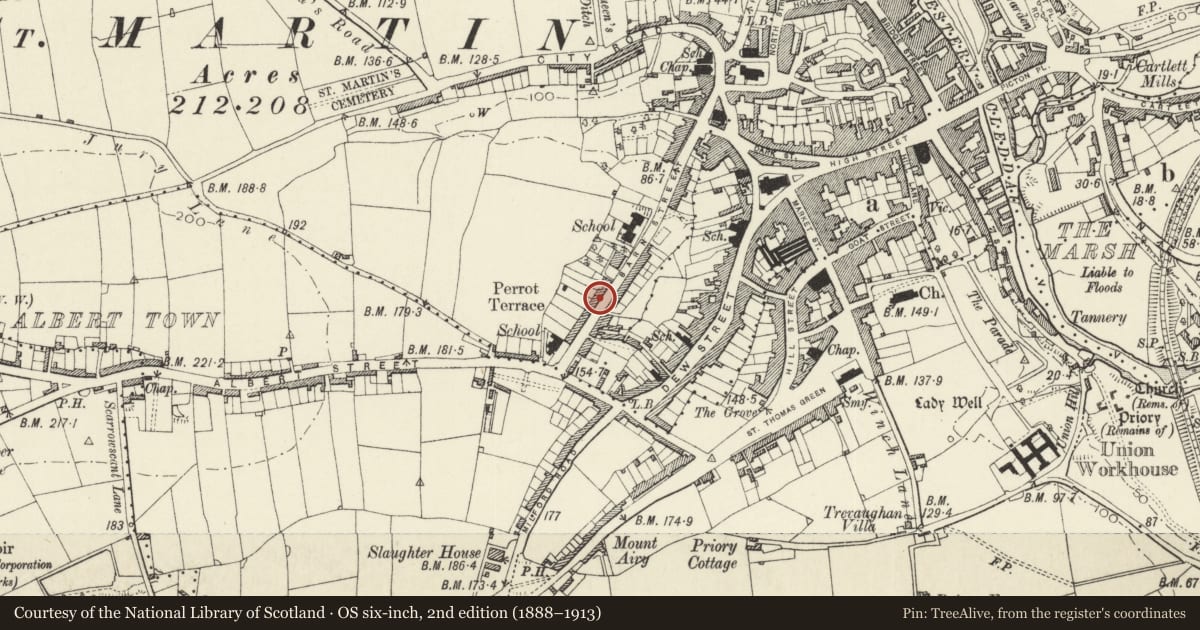 Ordnance Survey six-inch map, 2nd edition (1888–1913) covering the location of No 21 Perrot's Terrace, Haverfordwest, Pembrokeshire, with a pin at the register's coordinates