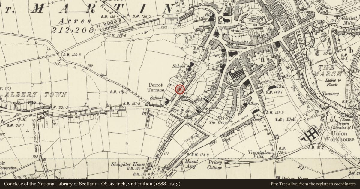 Ordnance Survey six-inch map, 2nd edition (1888–1913) covering the location of No 23 Perrot's Terrace, Haverfordwest, Pembrokeshire, with a pin at the register's coordinates