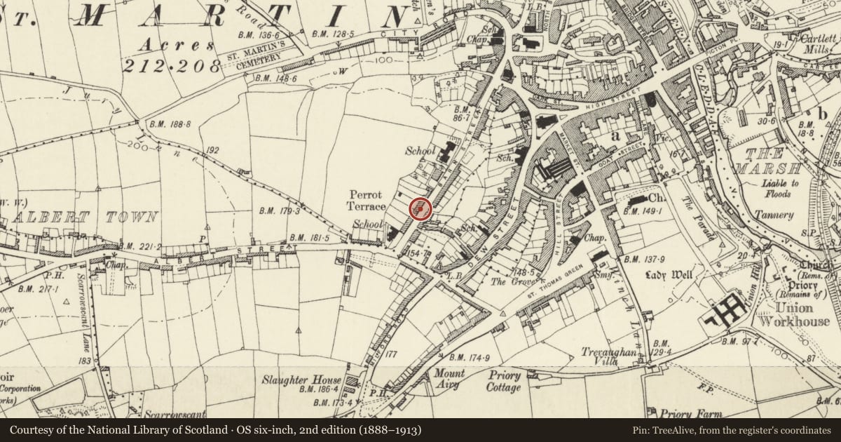 Ordnance Survey six-inch map, 2nd edition (1888–1913) covering the location of No 25 Perrot's Terrace, Haverfordwest, Pembrokeshire, with a pin at the register's coordinates