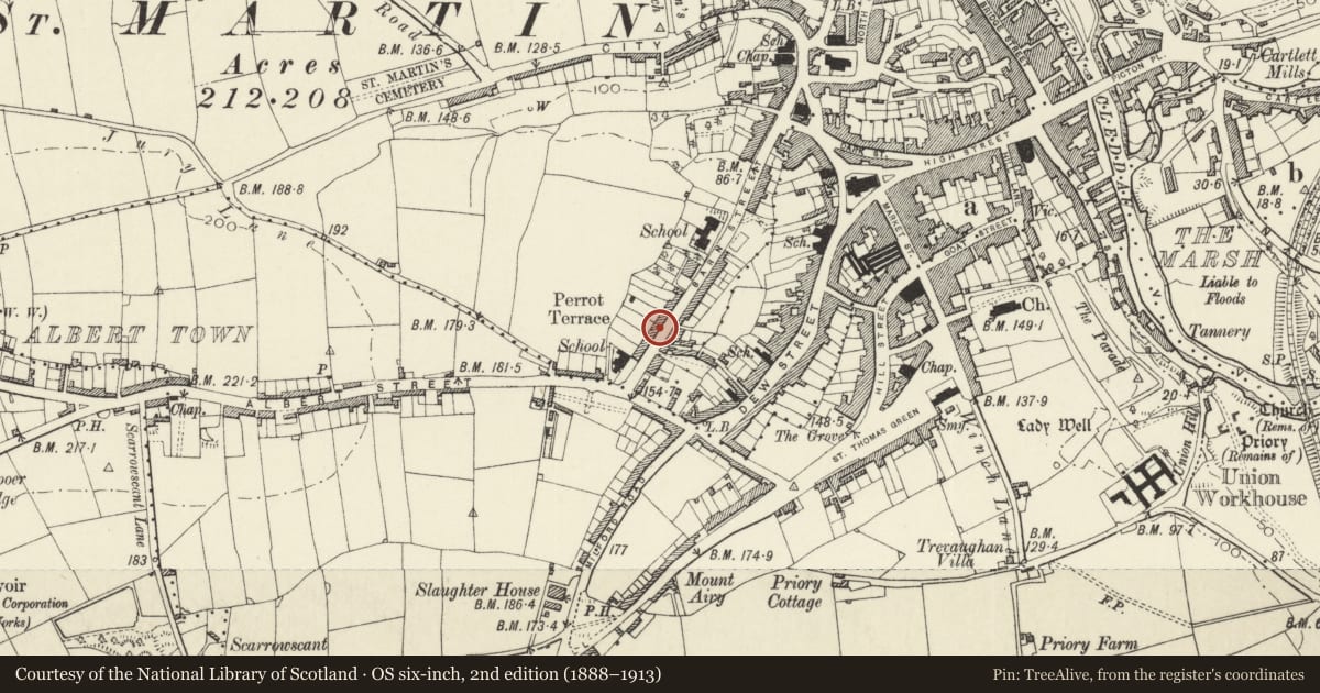 Ordnance Survey six-inch map, 2nd edition (1888–1913) covering the location of No 27 Perrot's Terrace, Haverfordwest, Pembrokeshire, with a pin at the register's coordinates
