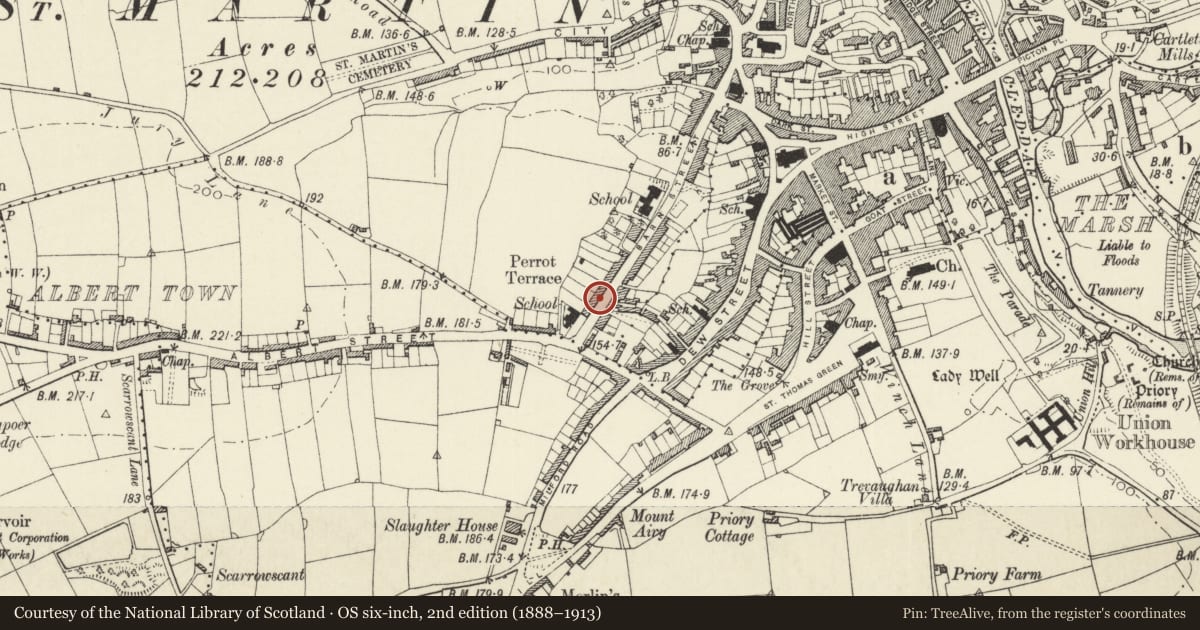 Ordnance Survey six-inch map, 2nd edition (1888–1913) covering the location of No 31 Perrot's Terrace, Haverfordwest, Pembrokeshire, with a pin at the register's coordinates