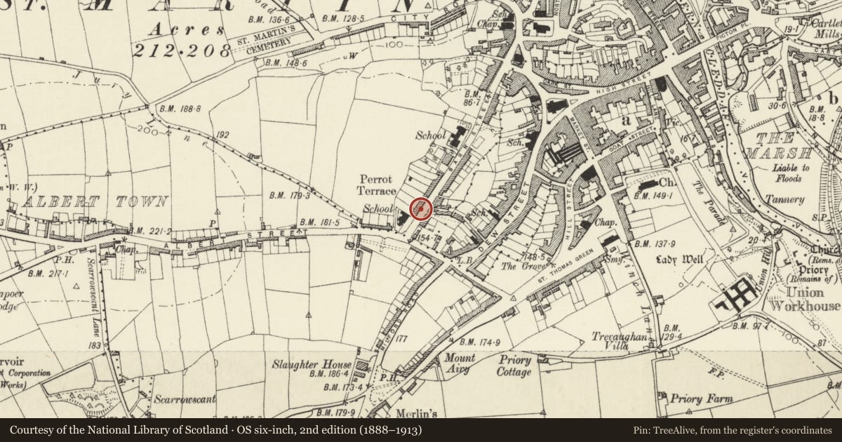 Ordnance Survey six-inch map, 2nd edition (1888–1913) covering the location of No 33 Perrot's Terrace, Haverfordwest, Pembrokeshire, with a pin at the register's coordinates