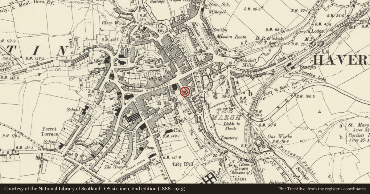 Ordnance Survey six-inch map, 2nd edition (1888–1913) covering the location of 13 Quay Street, Haverfordwest, Pembrokeshire, with a pin at the register's coordinates