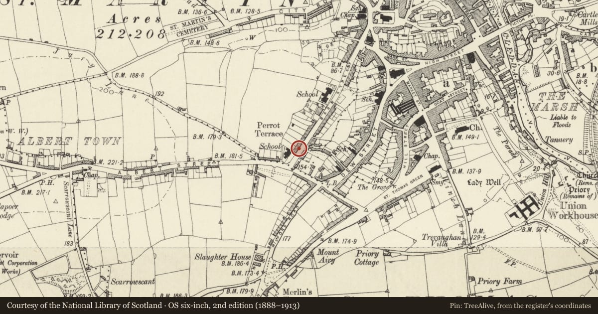 Ordnance Survey six-inch map, 2nd edition (1888–1913) covering the location of No 35 Perrot's Terrace, Haverfordwest, Pembrokeshire, with a pin at the register's coordinates