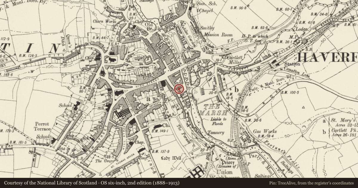 Ordnance Survey six-inch map, 2nd edition (1888–1913) covering the location of The Post Office, Haverfordwest, Pembrokeshire, with a pin at the register's coordinates