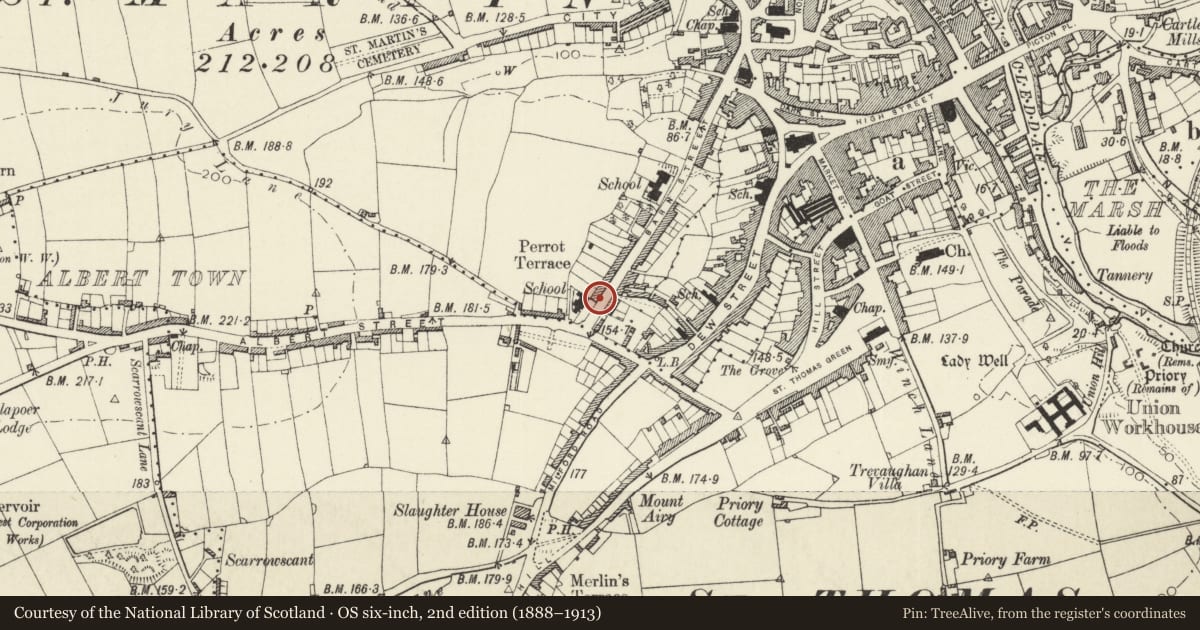 Ordnance Survey six-inch map, 2nd edition (1888–1913) covering the location of No 37 Perrot's Terrace, Haverfordwest, Pembrokeshire, with a pin at the register's coordinates