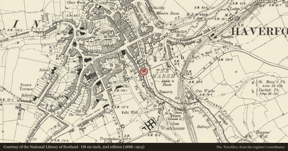 Ordnance Survey six-inch map, 2nd edition (1888–1913) covering the location of The Old Wool Market, Haverfordwest, Pembrokeshire, with a pin at the register's coordinates