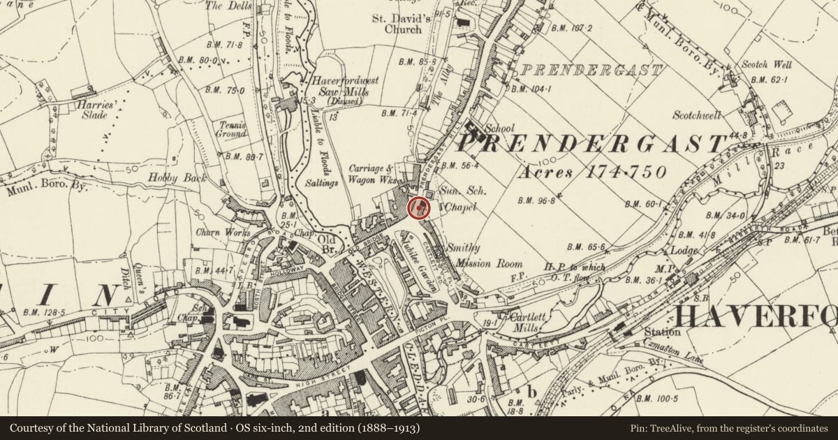 Ordnance Survey six-inch map, 2nd edition (1888–1913) covering the location of Hillside Cottage, Haverfordwest, Pembrokeshire, with a pin at the register's coordinates
