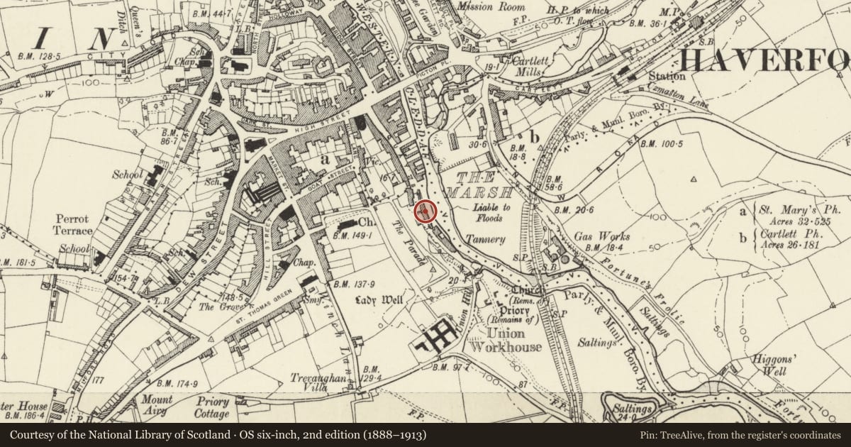 Ordnance Survey six-inch map, 2nd edition (1888–1913) covering the location of 26 Quay Street, Haverfordwest, Pembrokeshire, with a pin at the register's coordinates