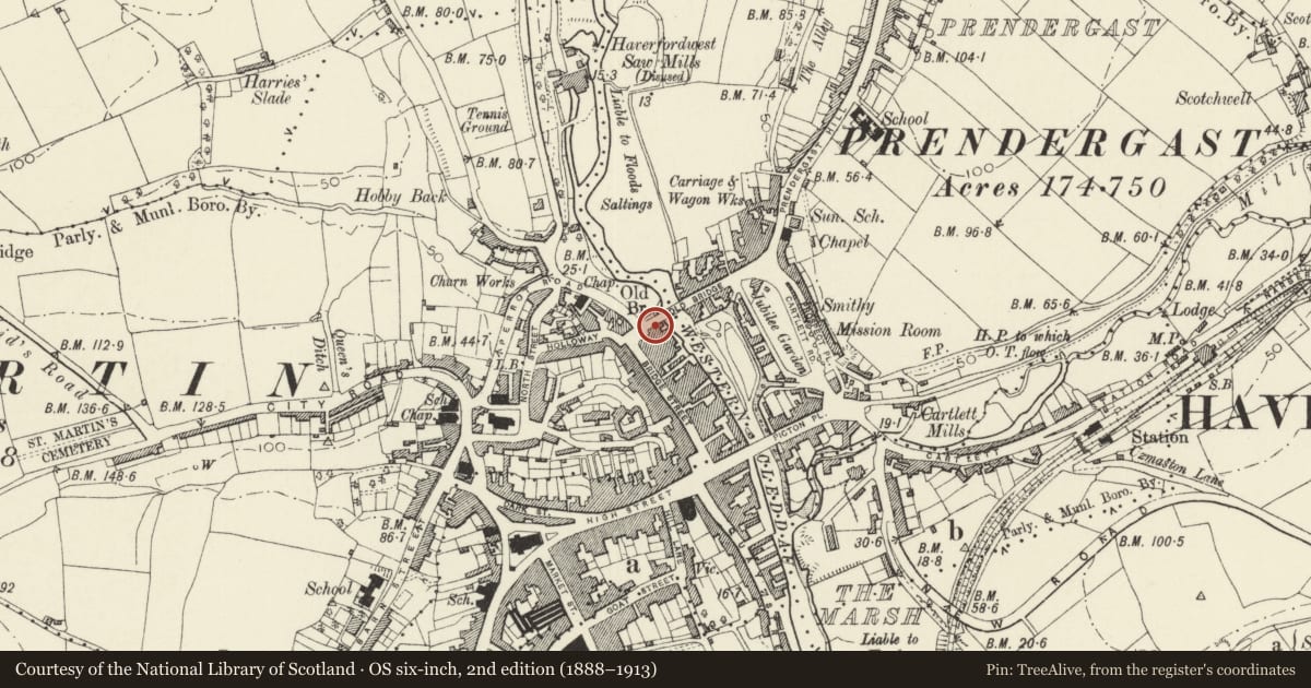 Ordnance Survey six-inch map, 2nd edition (1888–1913) covering the location of 45 Bridge Street, Haverfordwest, Pembrokeshire, with a pin at the register's coordinates