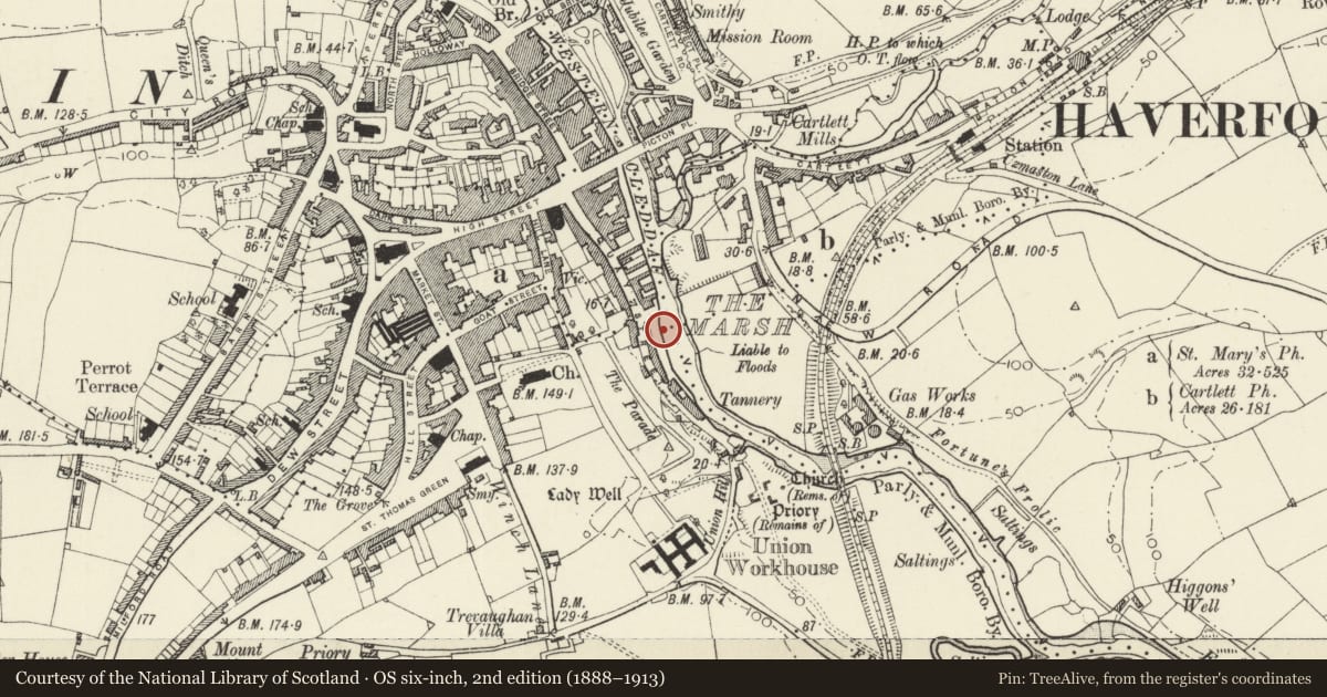 Ordnance Survey six-inch map, 2nd edition (1888–1913) covering the location of The Old Quay, Haverfordwest, Pembrokeshire, with a pin at the register's coordinates
