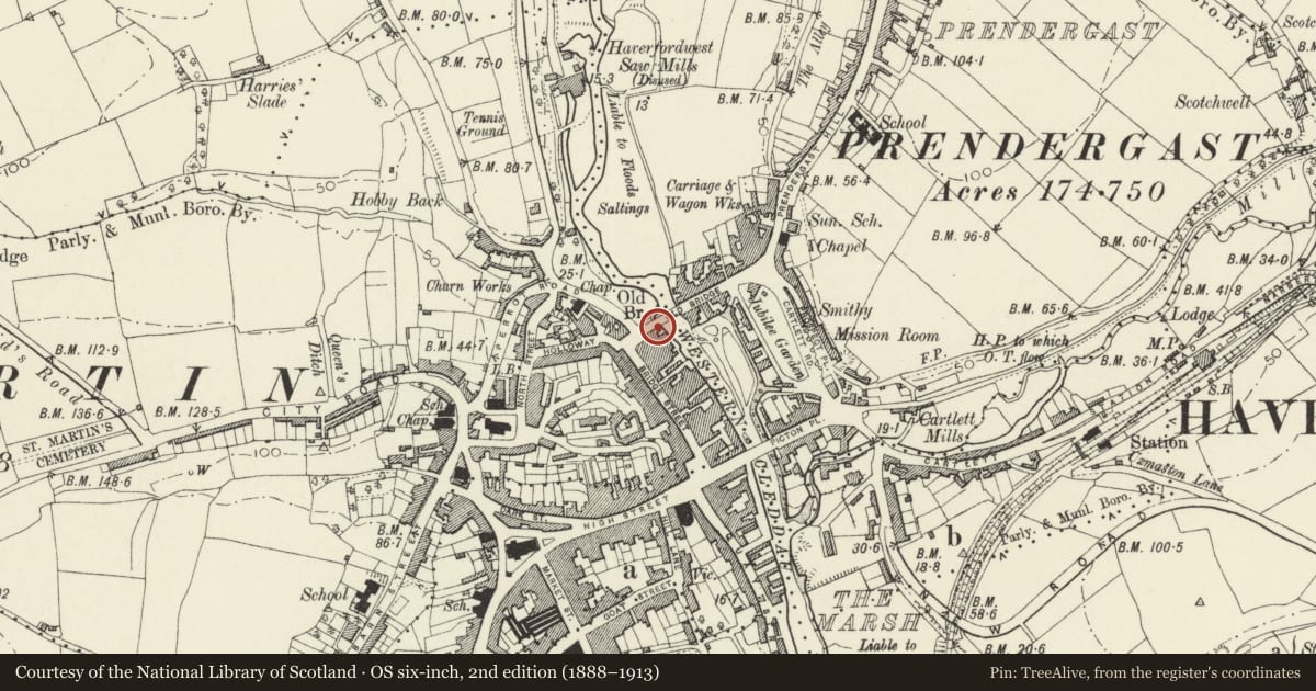 Ordnance Survey six-inch map, 2nd edition (1888–1913) covering the location of The Fishguard Arms Inn, Haverfordwest, Pembrokeshire, with a pin at the register's coordinates