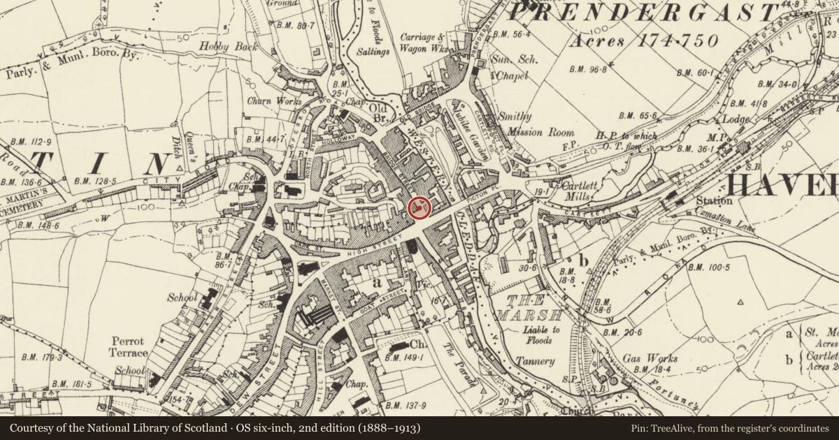 Ordnance Survey six-inch map, 2nd edition (1888–1913) covering the location of 3 Castle Square, Haverfordwest, Pembrokeshire, with a pin at the register's coordinates