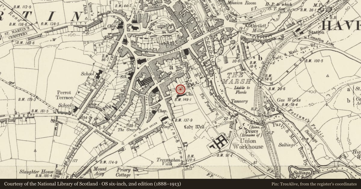 Ordnance Survey six-inch map, 2nd edition (1888–1913) covering the location of Churchyard gates and railings, Church of Saint Thomas a Becket, Haverfordwest, Pembrokeshire, with a pin at the register's coordinates