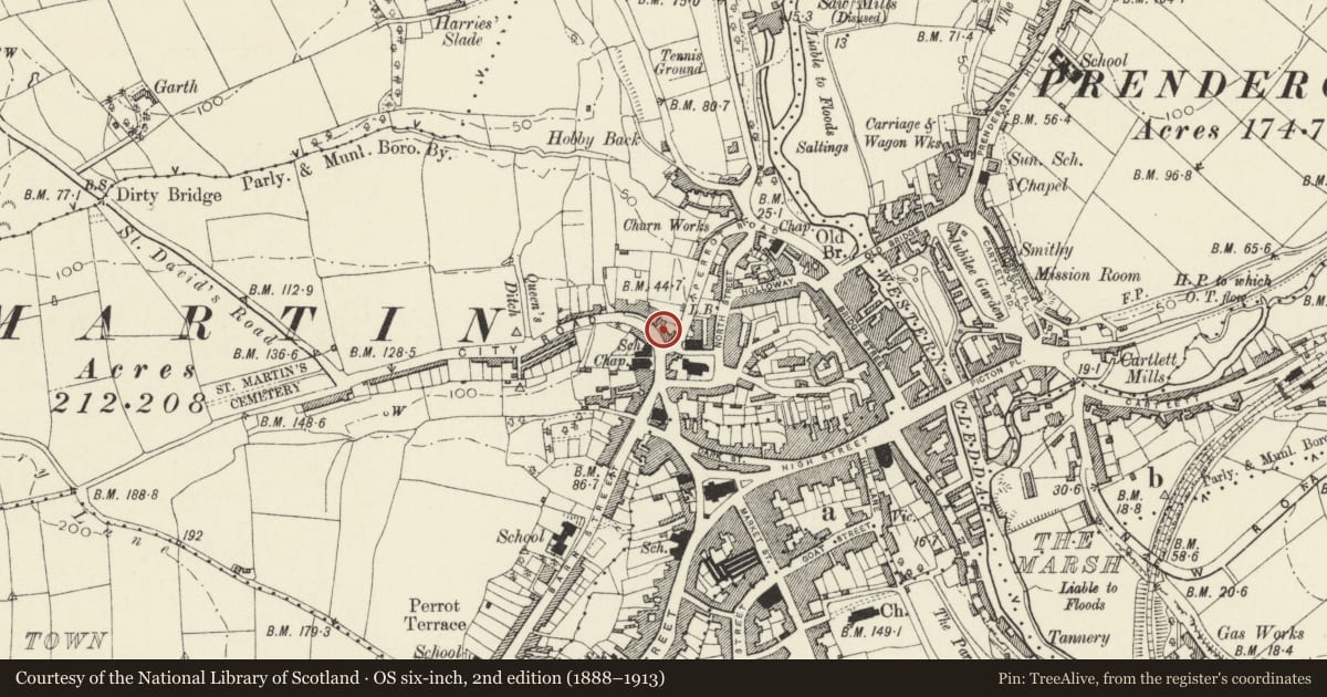 Ordnance Survey six-inch map, 2nd edition (1888–1913) covering the location of 14 City Road, Haverfordwest, Pembrokeshire, with a pin at the register's coordinates