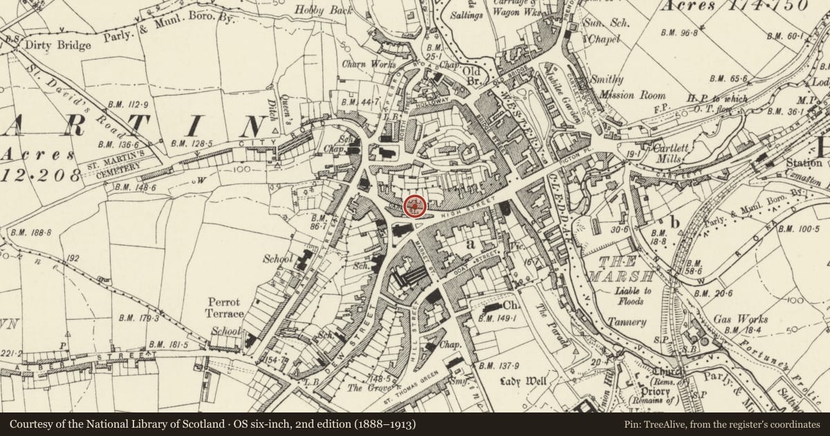 Ordnance Survey six-inch map, 2nd edition (1888–1913) covering the location of 4 Dark Street, Haverfordwest, Pembrokeshire, with a pin at the register's coordinates