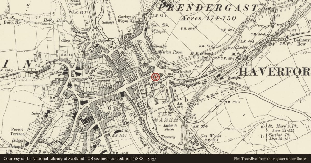 Ordnance Survey six-inch map, 2nd edition (1888–1913) covering the location of The War Memorial, Haverfordwest, Pembrokeshire, with a pin at the register's coordinates
