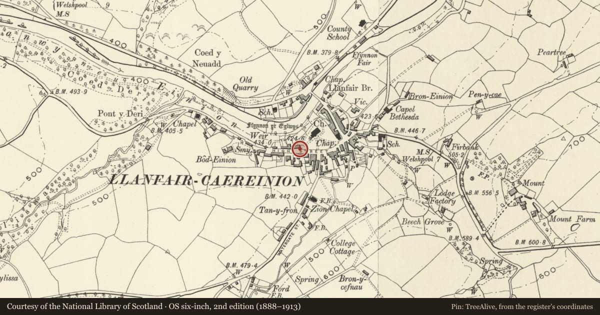 Ordnance Survey six-inch map, 2nd edition (1888–1913) covering the location of Telephone Call-box beside the churchyard gates to St Mary's Parish Church, Llanfair Caereinion, Powys, with a pin at the register's coordinates