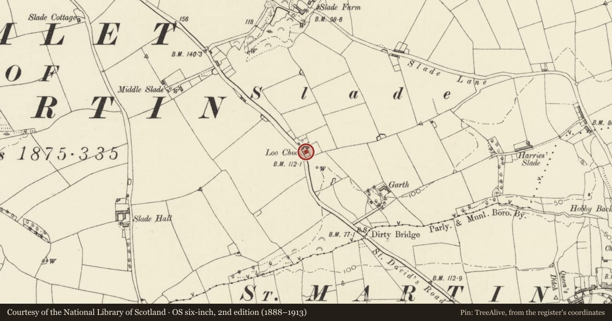 Ordnance Survey six-inch map, 2nd edition (1888–1913) covering the location of Loo Choo, Haverfordwest, Pembrokeshire, with a pin at the register's coordinates