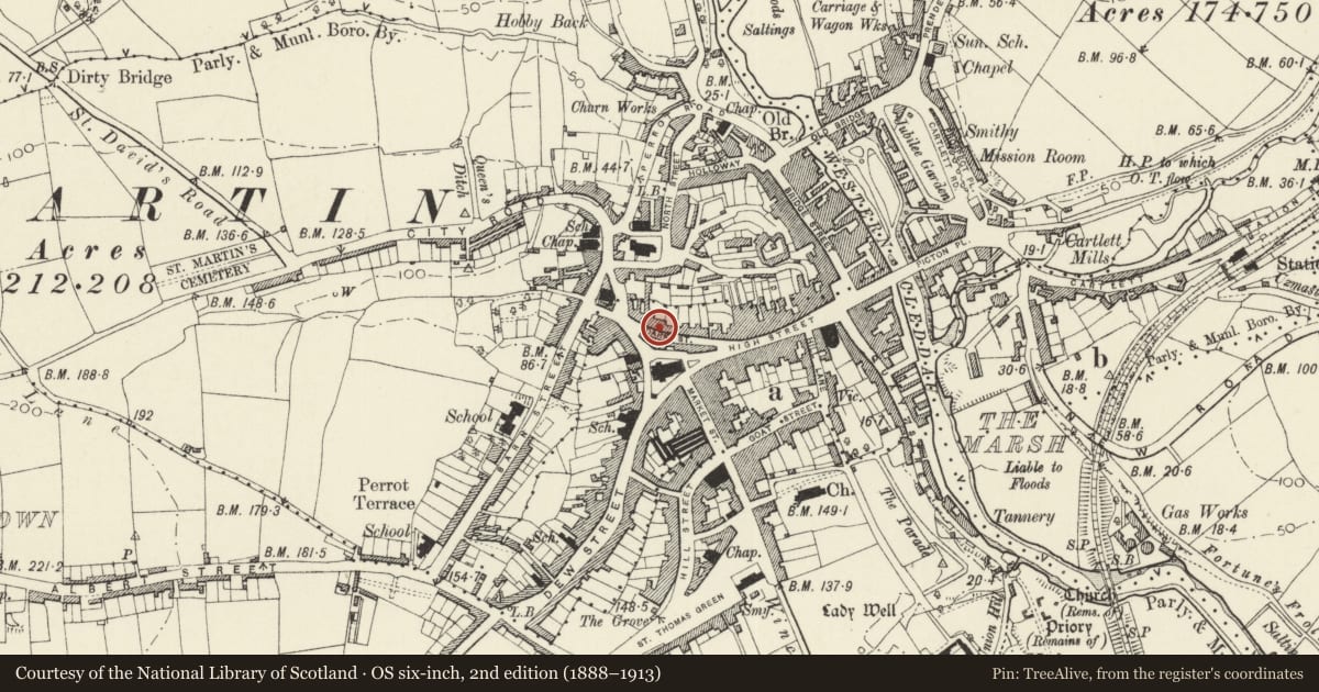 Ordnance Survey six-inch map, 2nd edition (1888–1913) covering the location of Somerset House, Haverfordwest, Pembrokeshire, with a pin at the register's coordinates