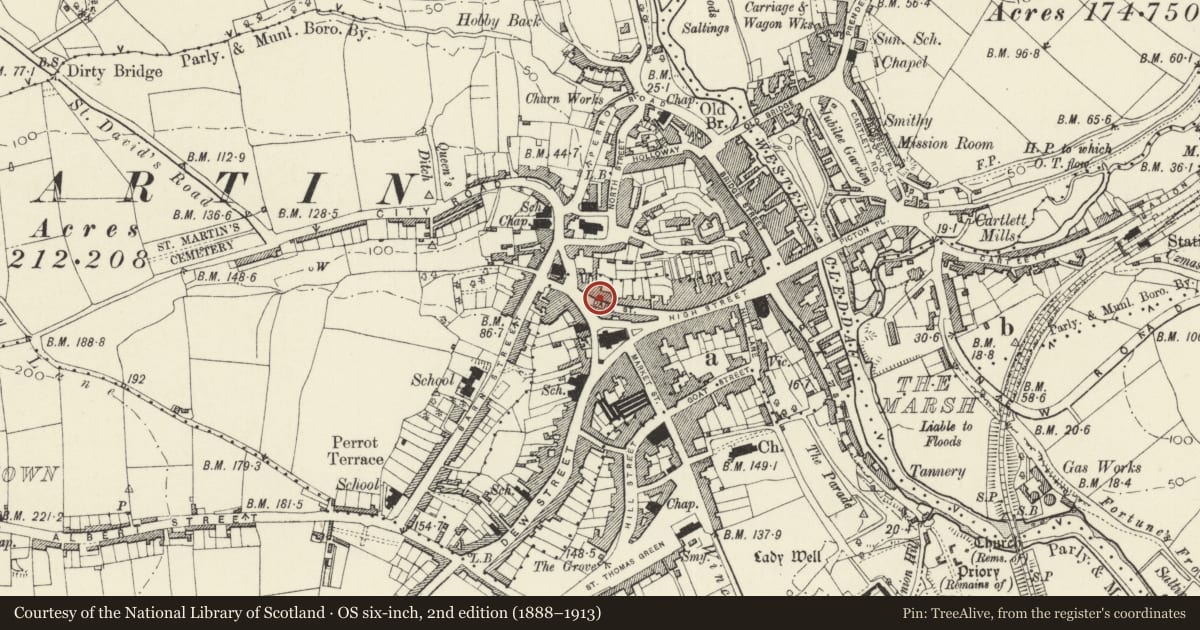 Ordnance Survey six-inch map, 2nd edition (1888–1913) covering the location of Nos 9 & 10 Dark Street, Haverfordwest, Pembrokeshire, with a pin at the register's coordinates