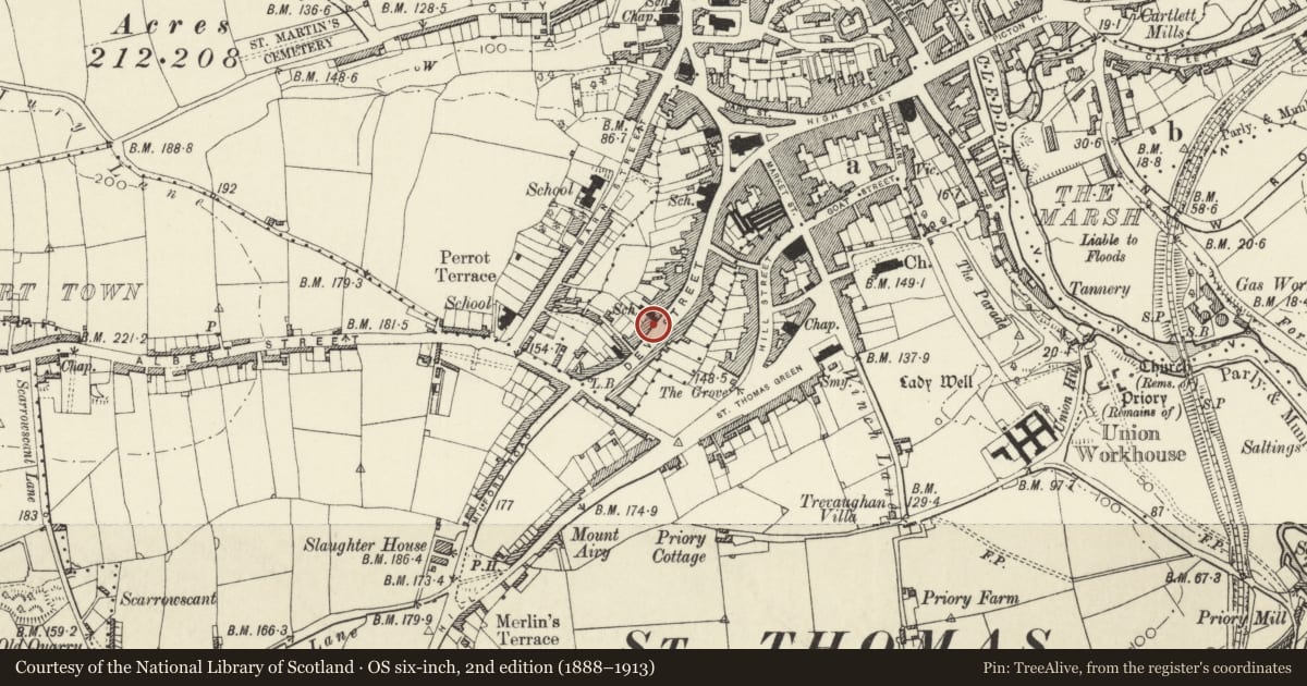 Ordnance Survey six-inch map, 2nd edition (1888–1913) covering the location of 47 Dew Street, Haverfordwest, Pembrokeshire, with a pin at the register's coordinates