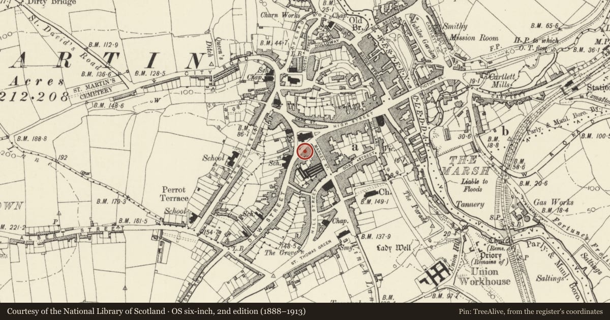 Ordnance Survey six-inch map, 2nd edition (1888–1913) covering the location of 6-8 Dew Street, Haverfordwest, Pembrokeshire, with a pin at the register's coordinates