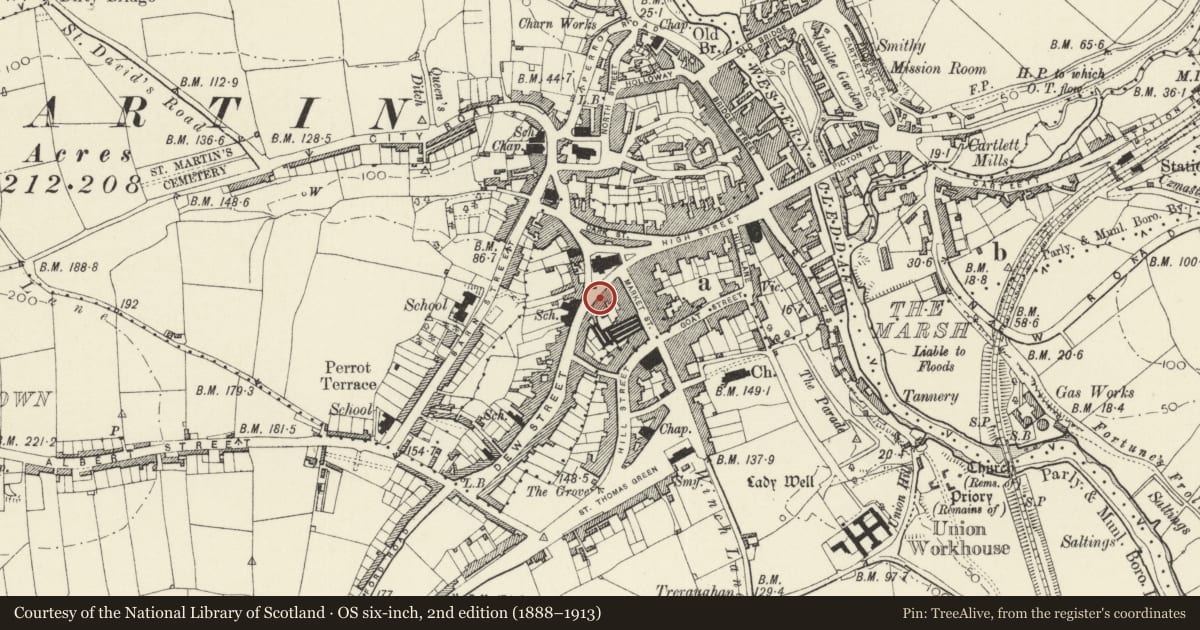 Ordnance Survey six-inch map, 2nd edition (1888–1913) covering the location of 10 Dew Street, Haverfordwest, Pembrokeshire, with a pin at the register's coordinates