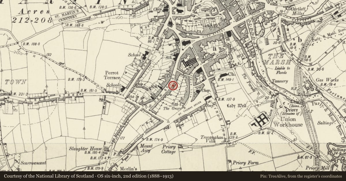 Ordnance Survey six-inch map, 2nd edition (1888–1913) covering the location of 50 Dew Street, Haverfordwest, Pembrokeshire, with a pin at the register's coordinates