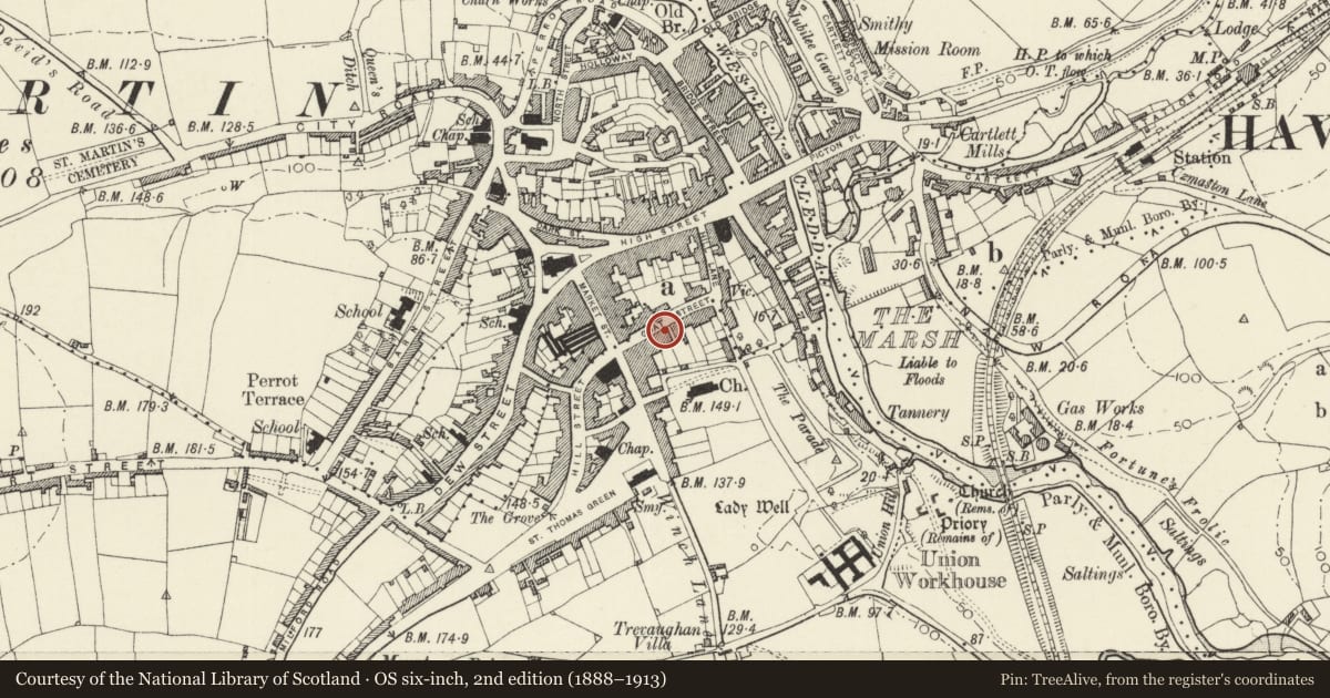 Ordnance Survey six-inch map, 2nd edition (1888–1913) covering the location of Cleeve House including area railings, Haverfordwest, Pembrokeshire, with a pin at the register's coordinates
