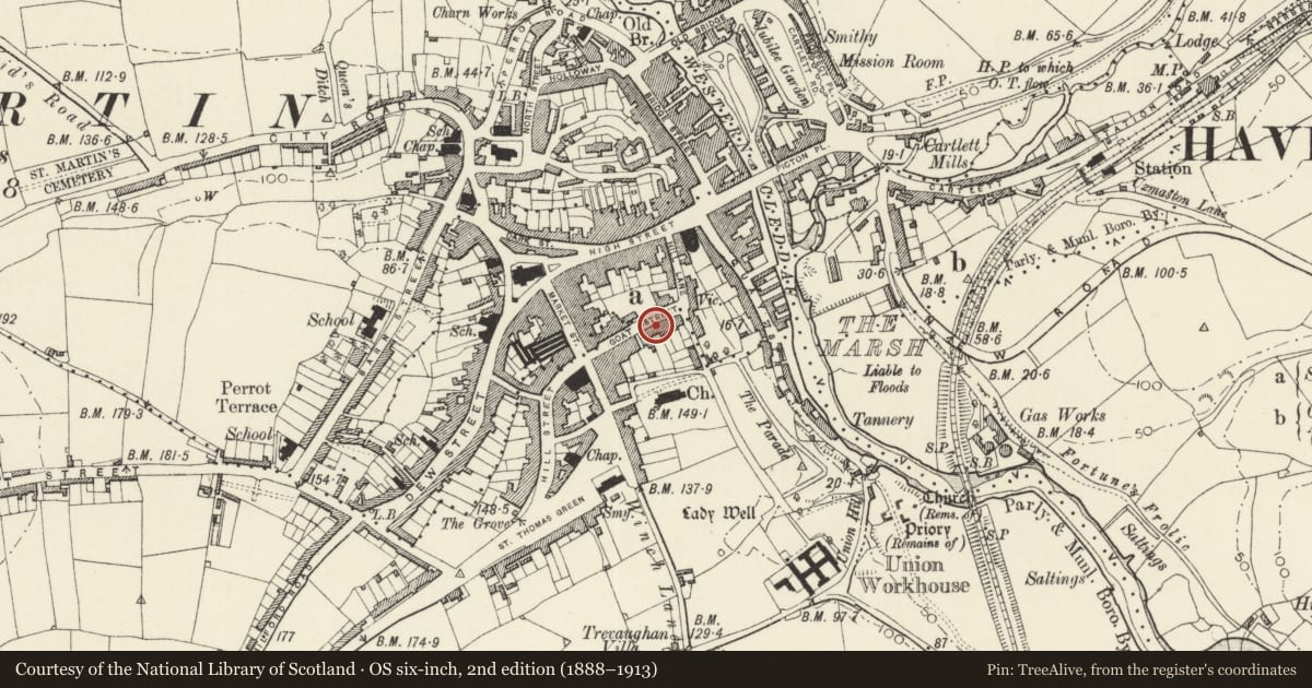 Ordnance Survey six-inch map, 2nd edition (1888–1913) covering the location of 17 Goat Street, Haverfordwest, Pembrokeshire, with a pin at the register's coordinates