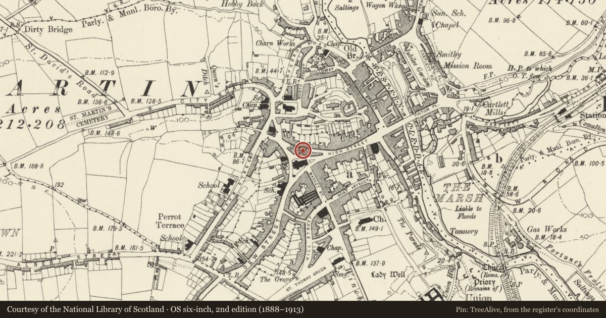 Ordnance Survey six-inch map, 2nd edition (1888–1913) covering the location of The Liberal Chambers, Haverfordwest, Pembrokeshire, with a pin at the register's coordinates