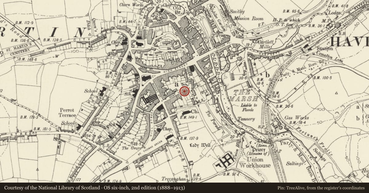 Ordnance Survey six-inch map, 2nd edition (1888–1913) covering the location of Egerton House, Haverfordwest, Pembrokeshire, with a pin at the register's coordinates