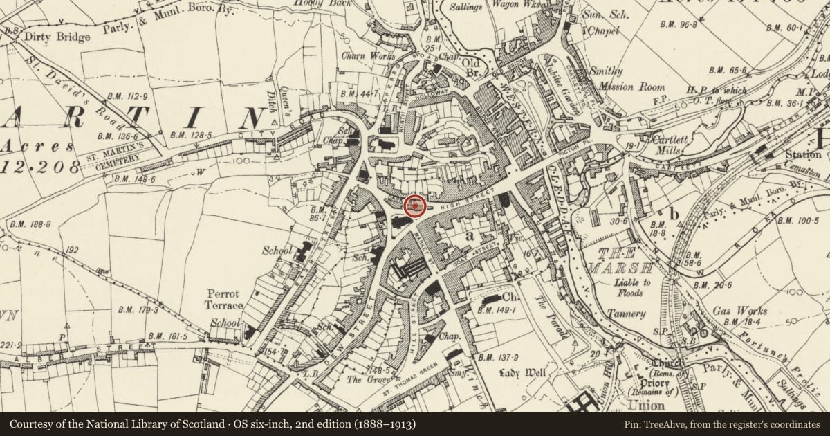 Ordnance Survey six-inch map, 2nd edition (1888–1913) covering the location of Former Town Council offices, Haverfordwest, Pembrokeshire, with a pin at the register's coordinates