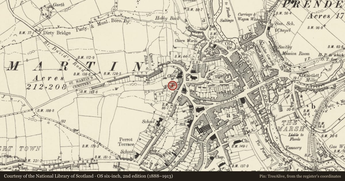 Ordnance Survey six-inch map, 2nd edition (1888–1913) covering the location of Former Stables, Haverfordwest, Pembrokeshire, with a pin at the register's coordinates