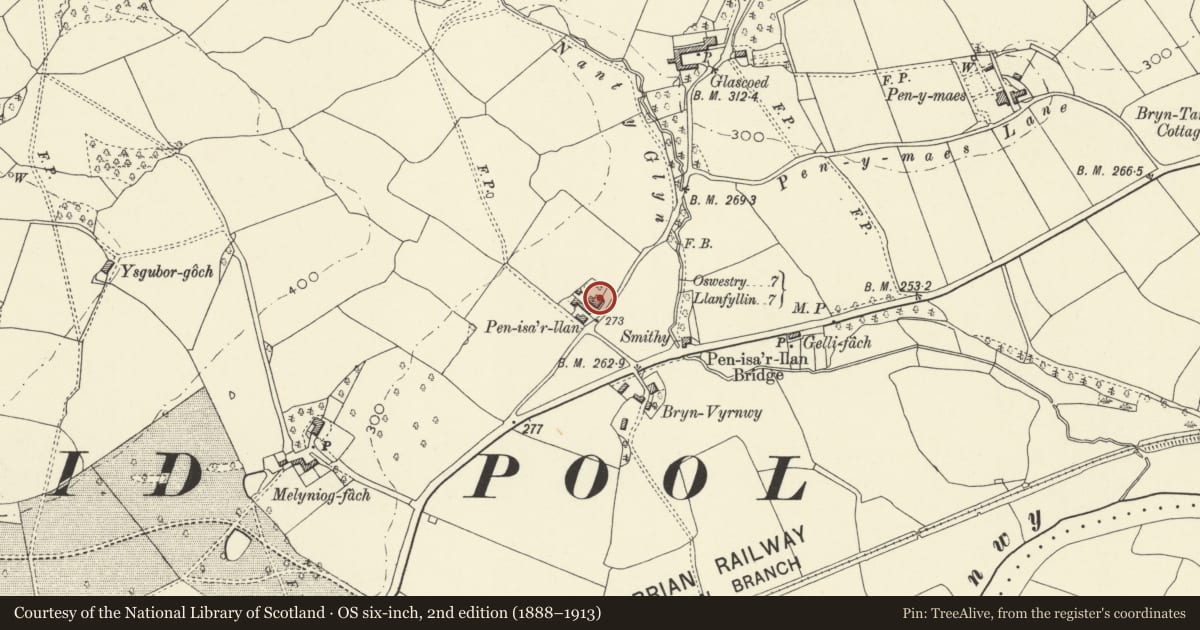 Ordnance Survey six-inch map, 2nd edition (1888–1913) covering the location of Pen isa'r llan, Llansantffraid, Powys, with a pin at the register's coordinates