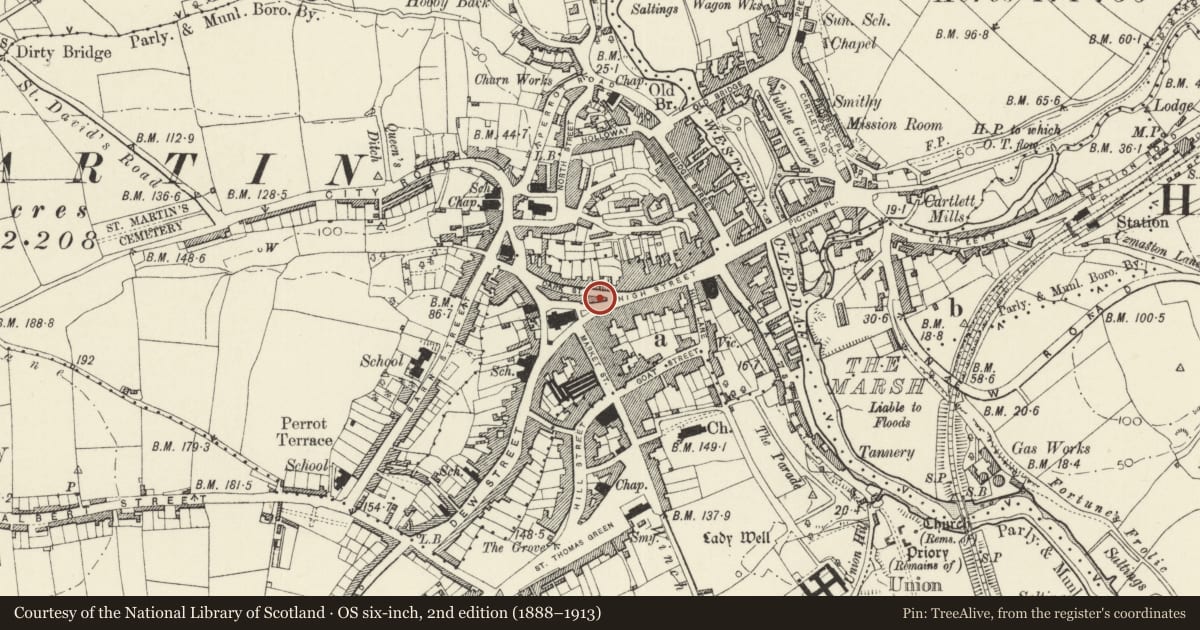 Ordnance Survey six-inch map, 2nd edition (1888–1913) covering the location of 8 High Street, Haverfordwest, Pembrokeshire, with a pin at the register's coordinates