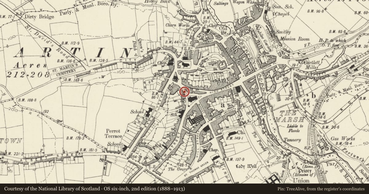 Ordnance Survey six-inch map, 2nd edition (1888–1913) covering the location of 12 Tower Hill, Haverfordwest, Pembrokeshire, with a pin at the register's coordinates
