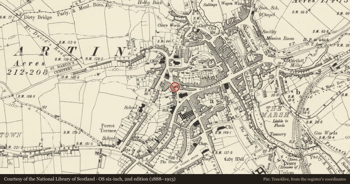 Ordnance Survey six-inch map, 2nd edition (1888–1913) covering the location of 14 Tower Hill, Haverfordwest, Pembrokeshire, with a pin at the register's coordinates