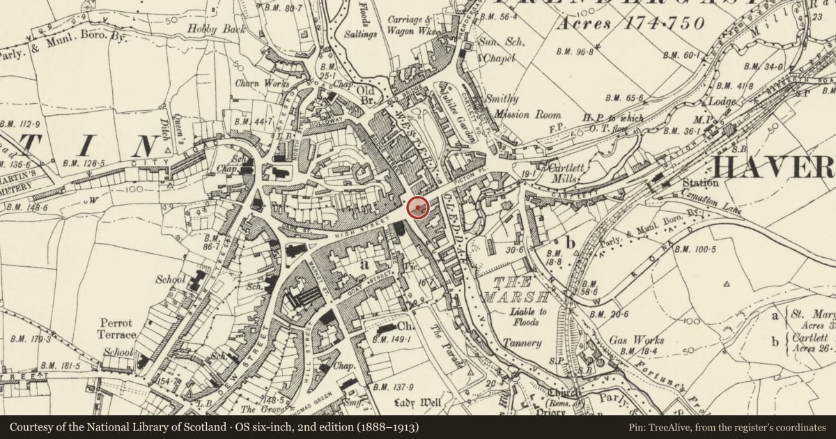 Ordnance Survey six-inch map, 2nd edition (1888–1913) covering the location of 5 Victoria Place, Haverfordwest, Pembrokeshire, with a pin at the register's coordinates