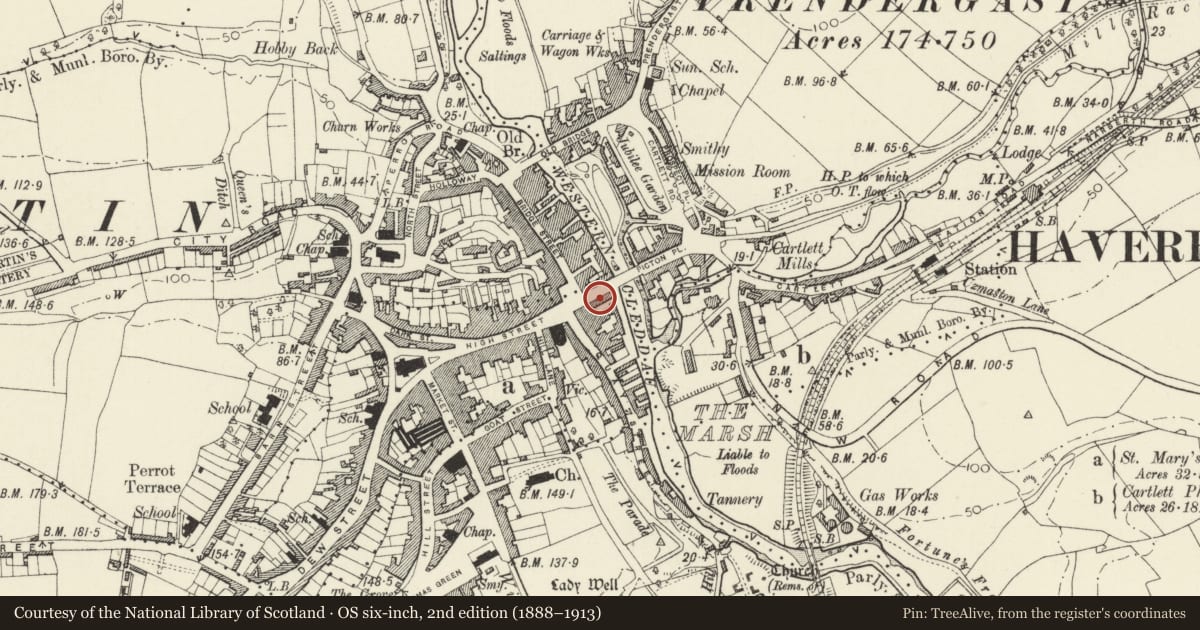 Ordnance Survey six-inch map, 2nd edition (1888–1913) covering the location of 9 Victoria Place, Haverfordwest, Pembrokeshire, with a pin at the register's coordinates