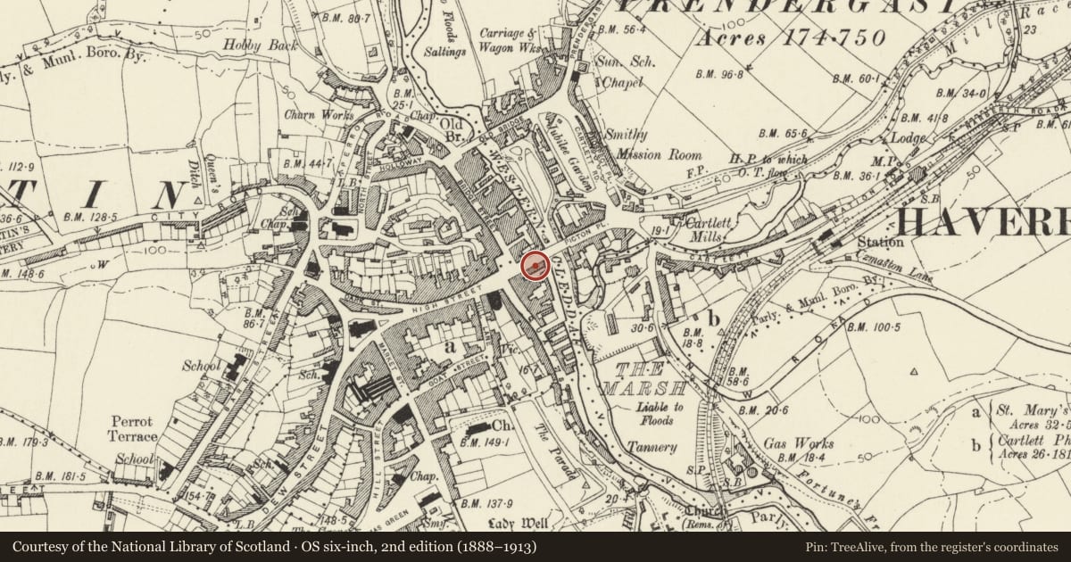 Ordnance Survey six-inch map, 2nd edition (1888–1913) covering the location of 11 Victoria Place, Haverfordwest, Pembrokeshire, with a pin at the register's coordinates